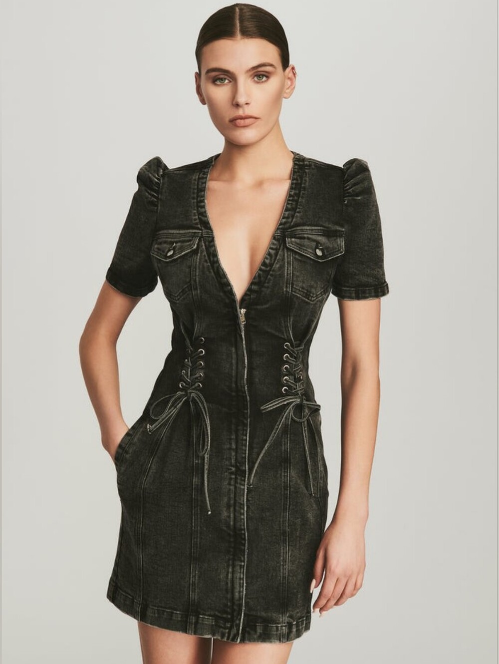 Retrofete Stasha Washed Black Denim Mini Dress